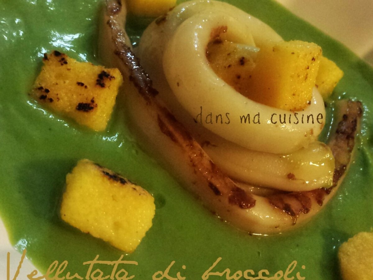 Linguine di calamari e gnocchetti di polenta alla piastra su letto di broccoli