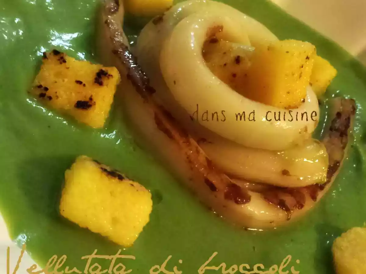 Linguine di calamari e gnocchetti di polenta alla piastra su letto di broccoli