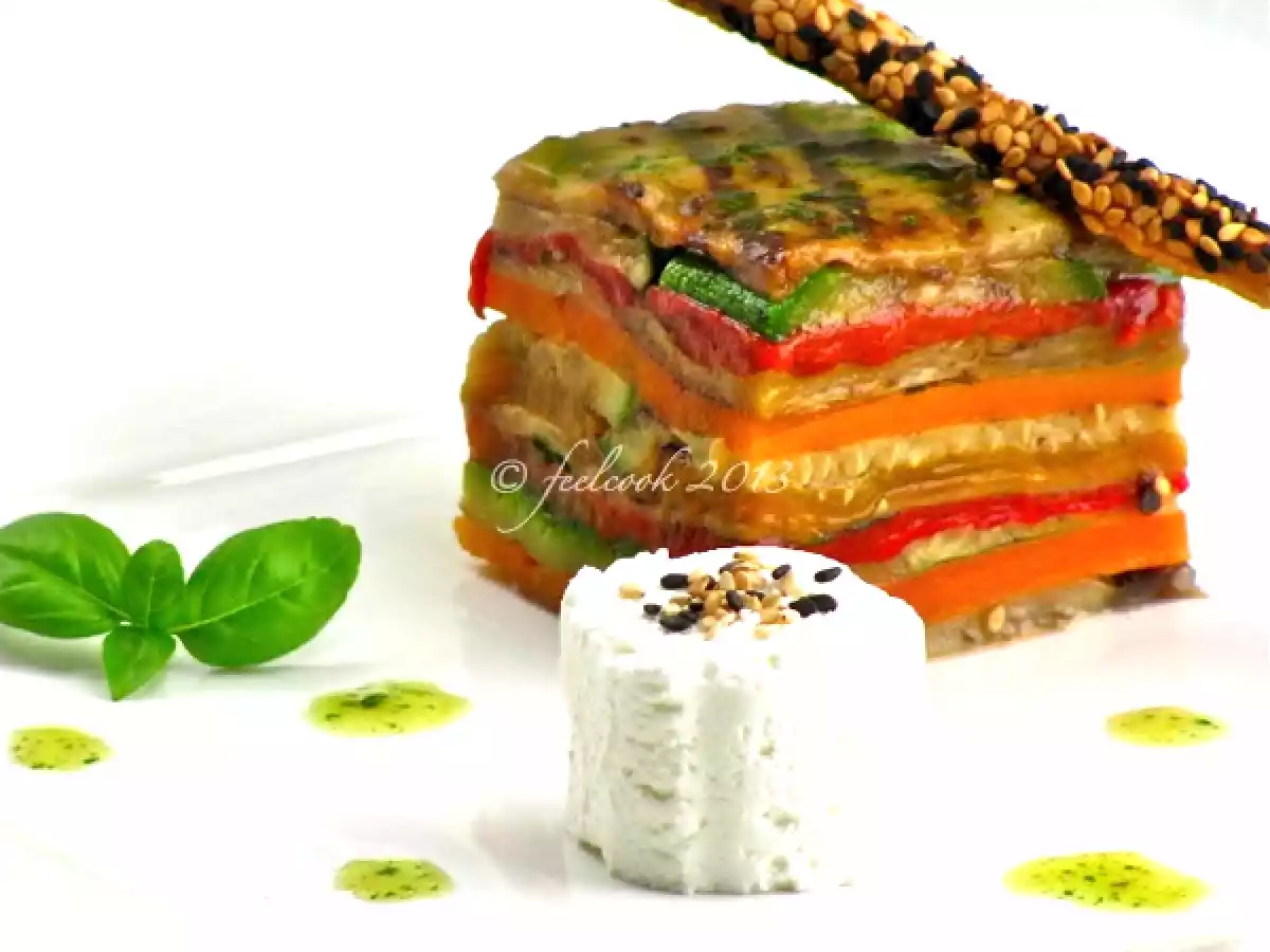 Millefoglie di verdure grigliate, caprino e grissino al sesamo
