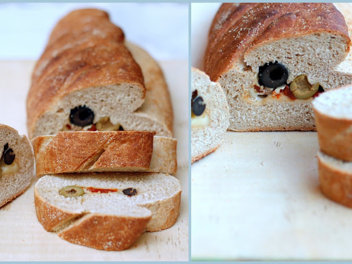 Pane farcito alle olive, formaggio e pomodorini secchi