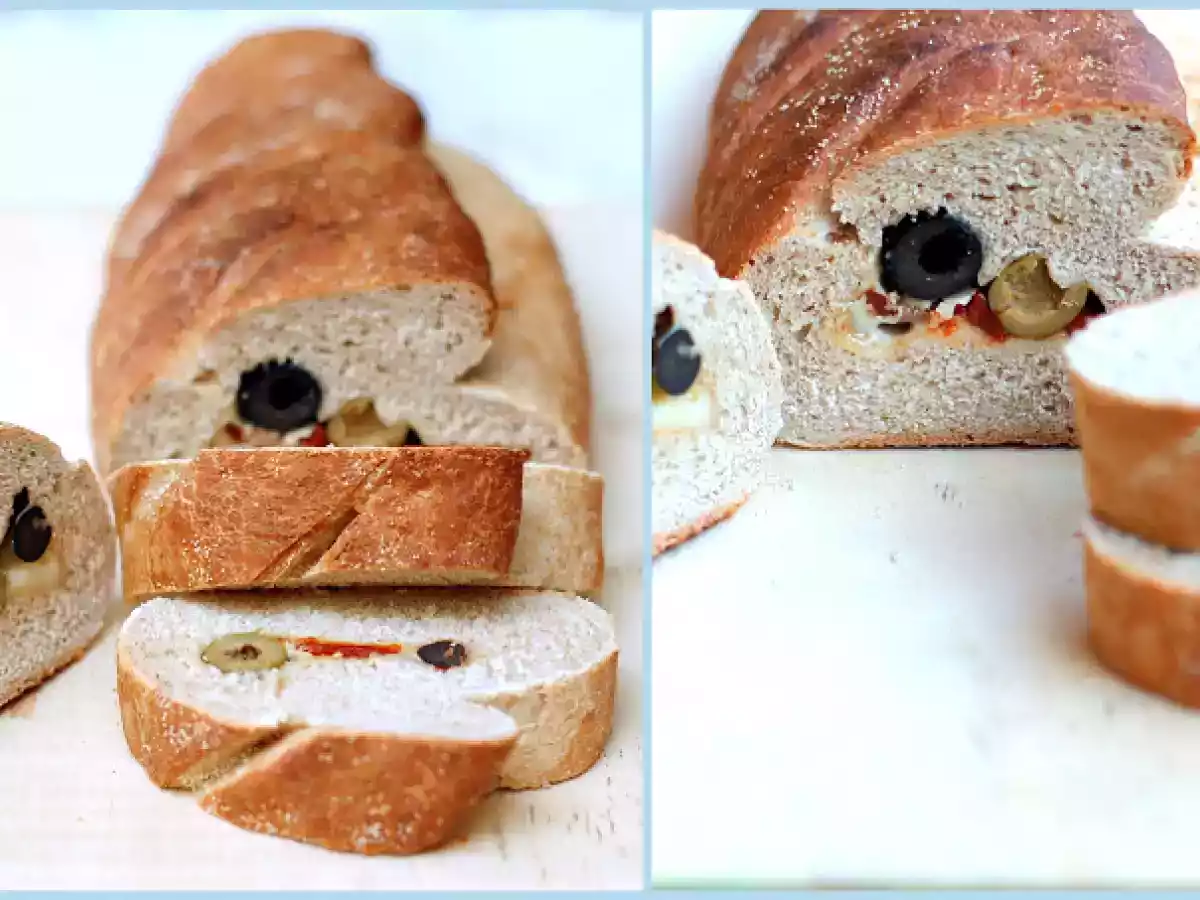 Pane farcito alle olive, formaggio e pomodorini secchi