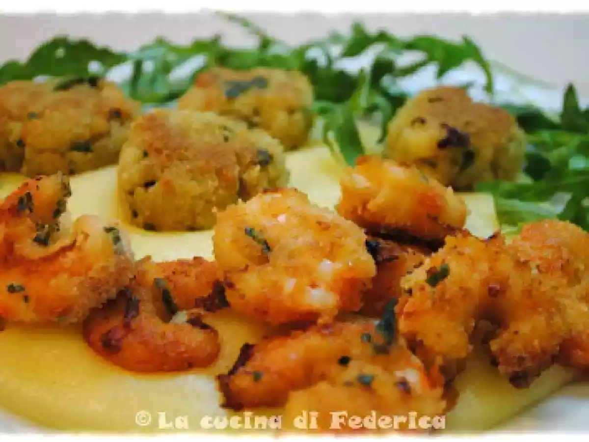 Polpettine di merluzzo con gamberoni gratinati