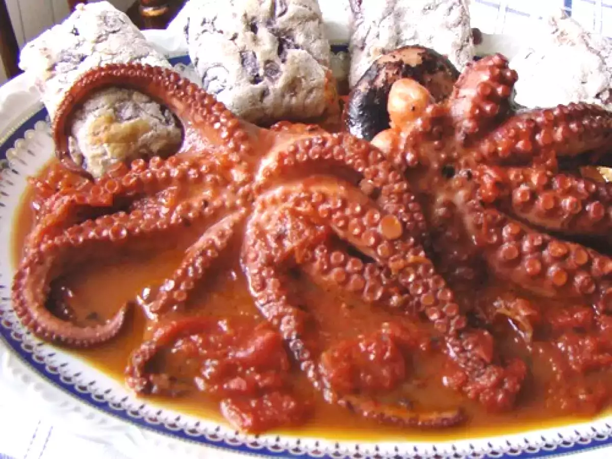 POLPO IN UMIDO CON PANE CIABATTA ALLE CIPOLLE E VINO ROSSO