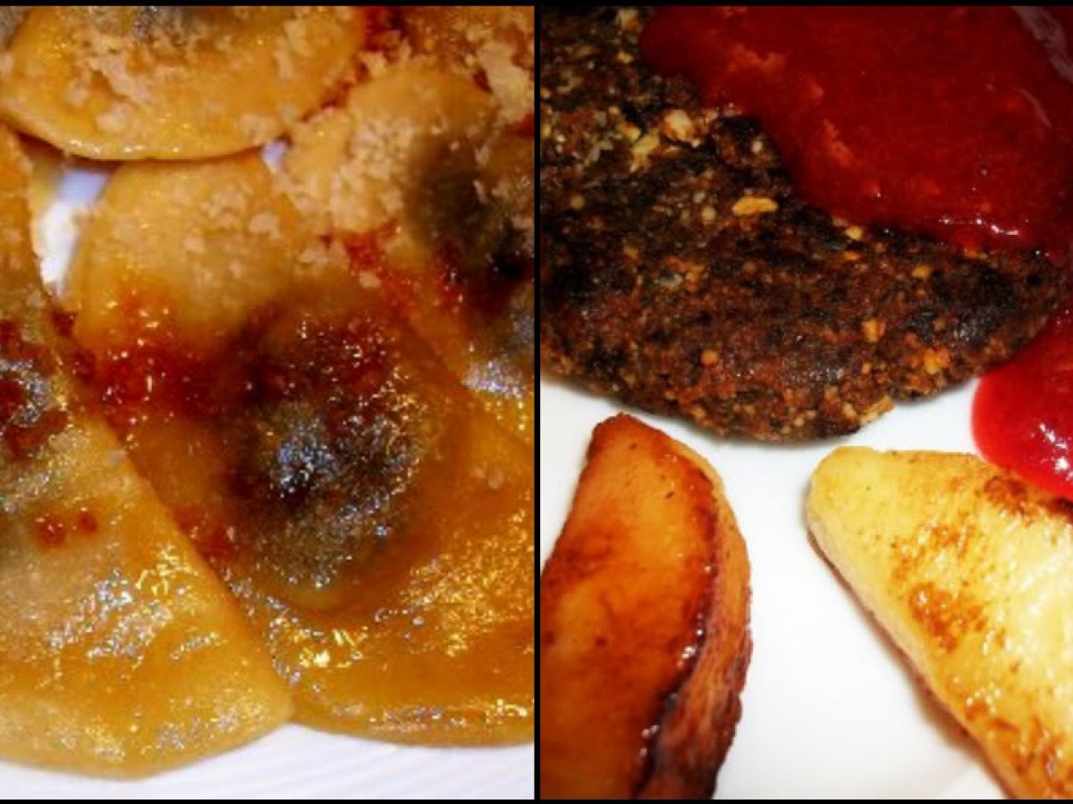 Ravioli con salsa aromatica e hamburger di frutta secca.