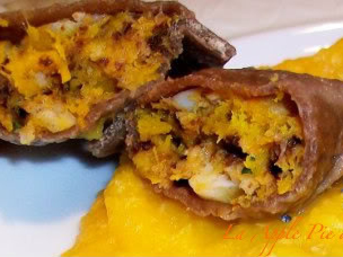 Ravioli di zucca e scampi di Mazara del Vallo con massa di cacao