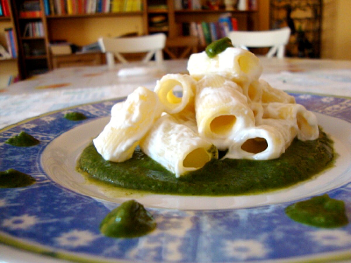 Rigatoni alla ricotta su vellutata di broccoli