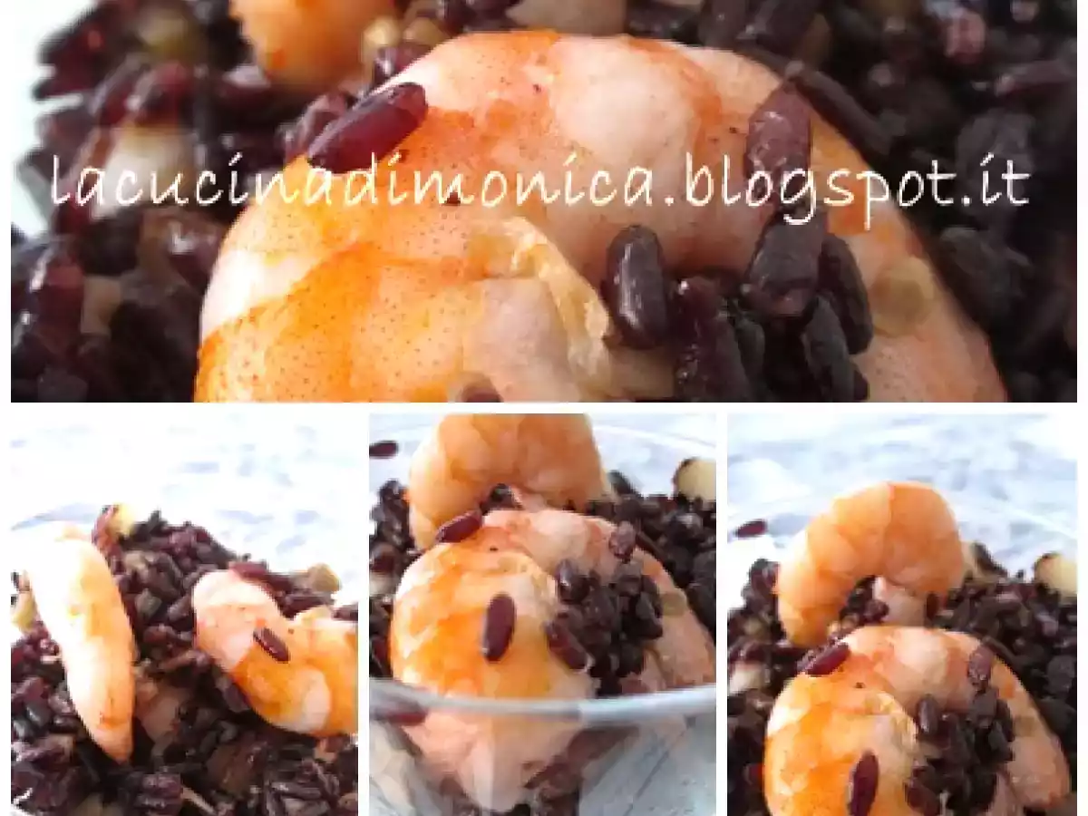 Riso Venere con melanzane, pancetta, gamberi e menta