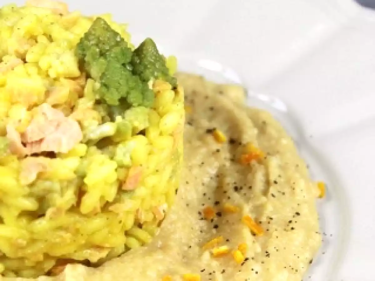 RISOTTO con BROCCOLO ROMANO e SALMONE su CREMA di CECI all'ARANCIA