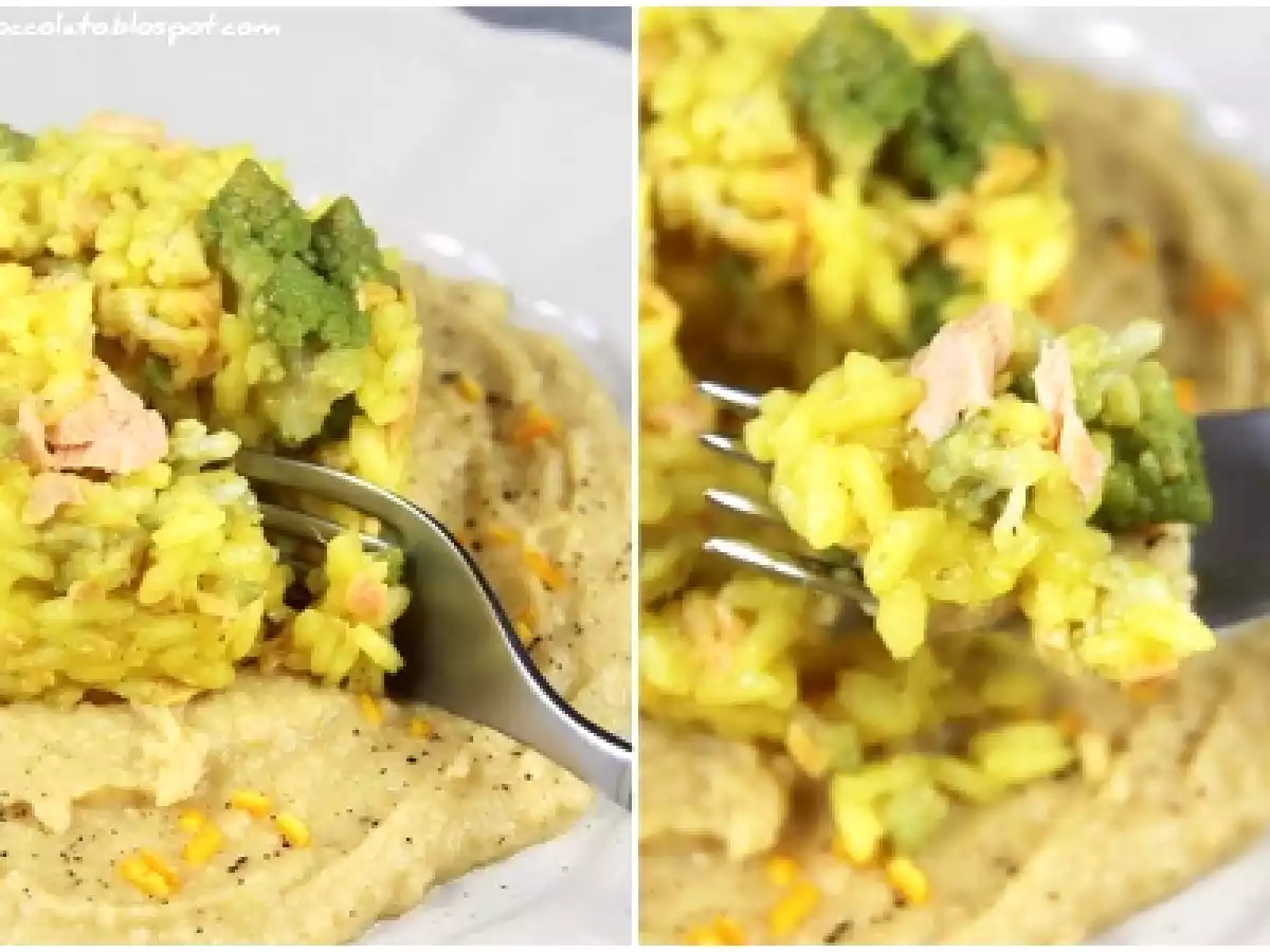 RISOTTO con BROCCOLO ROMANO e SALMONE su CREMA di CECI all'ARANCIA - foto 2