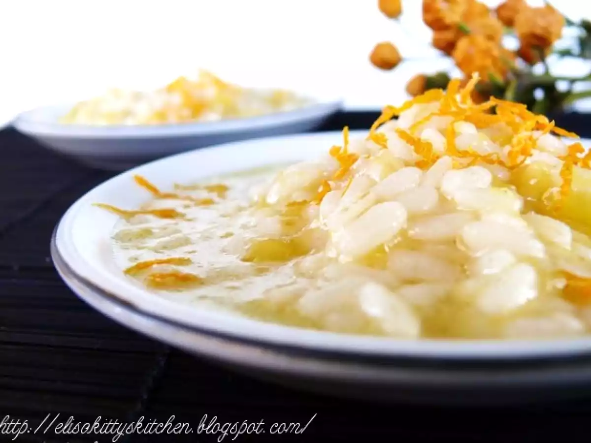 Risotto con zucca bianca, fonduta di taleggio e arancia