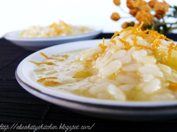 Risotto con zucca bianca, fonduta di taleggio e arancia