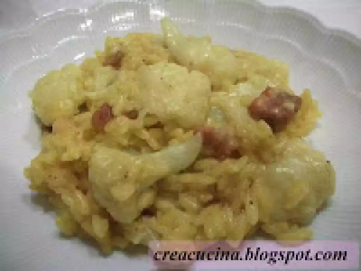 RISOTTO GIALLO CON CAVOLFIORE, FUNGHI E PANCETTA AFFUMICATA