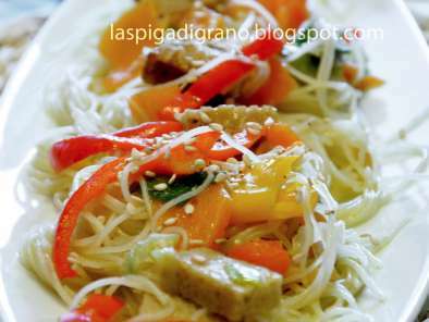 Spaghetti di soya con verdure e seitan saltati al wok