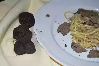 Spaghetti in carbonara di cinta senese e tartufo nero