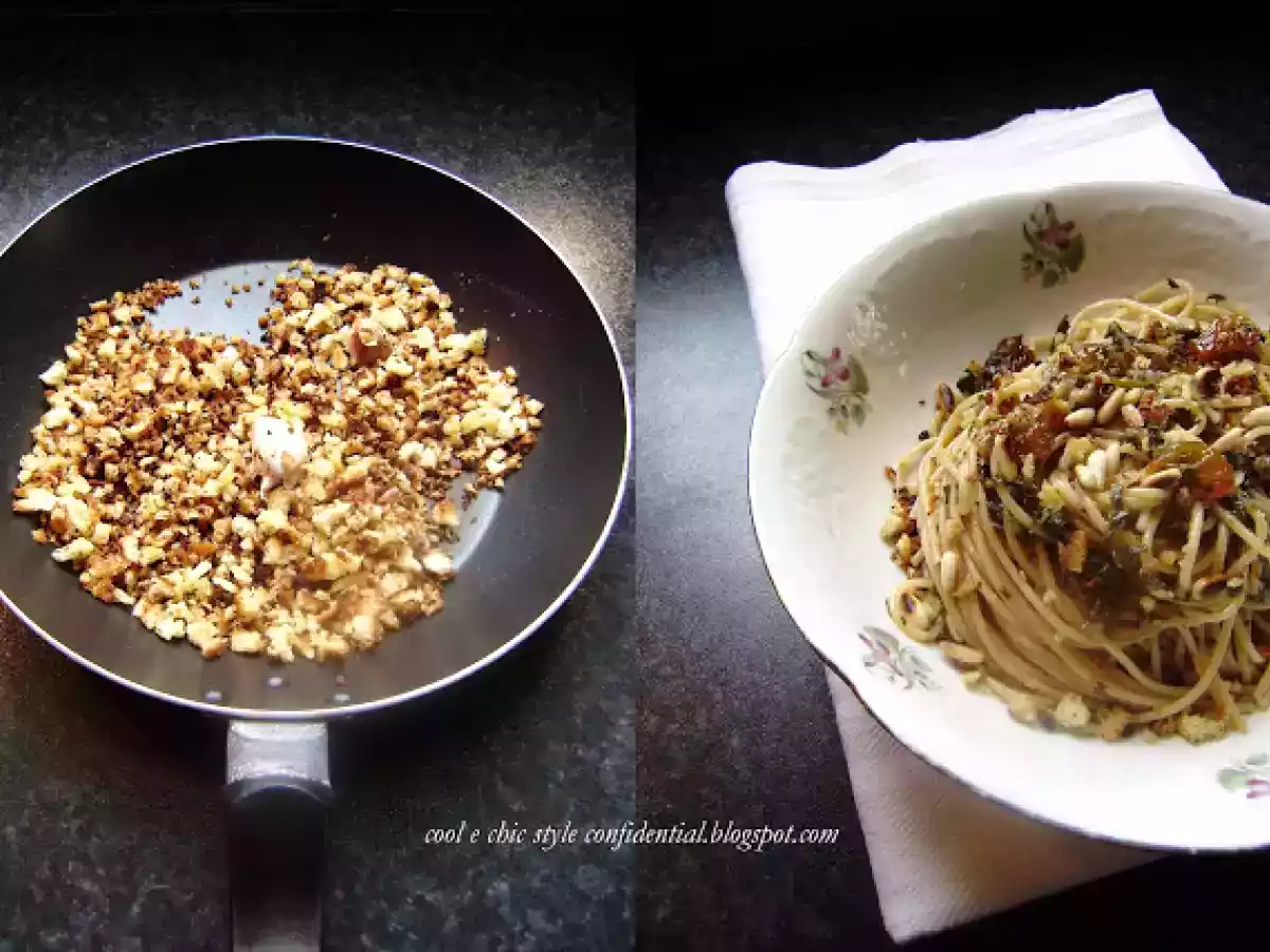 Spaghetti integrali con mollica tostata, uvetta, pinoli & pesto d' alici