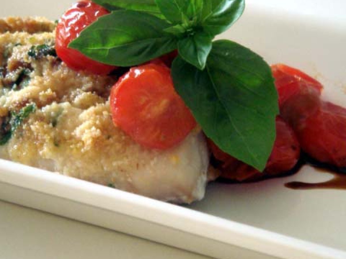 Spigola con panatura di formaggio al basilico