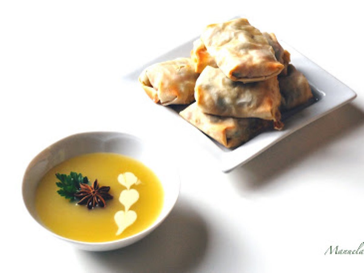 Strudel di verdure e soia su passatina di porri e anice stellato.