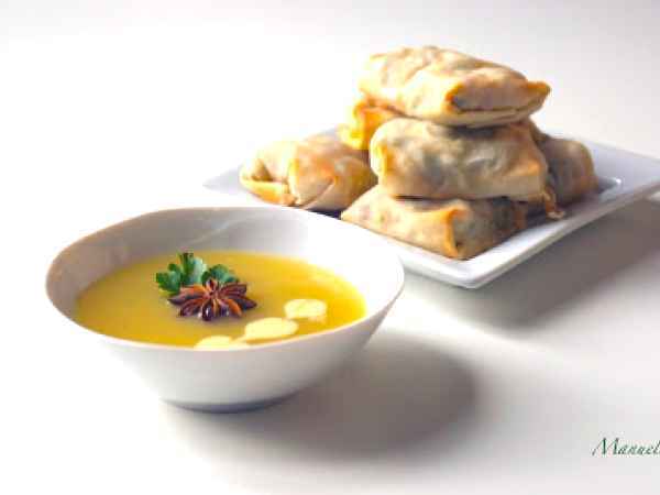 Strudel di verdure e soia su passatina di porri e anice stellato., foto 2