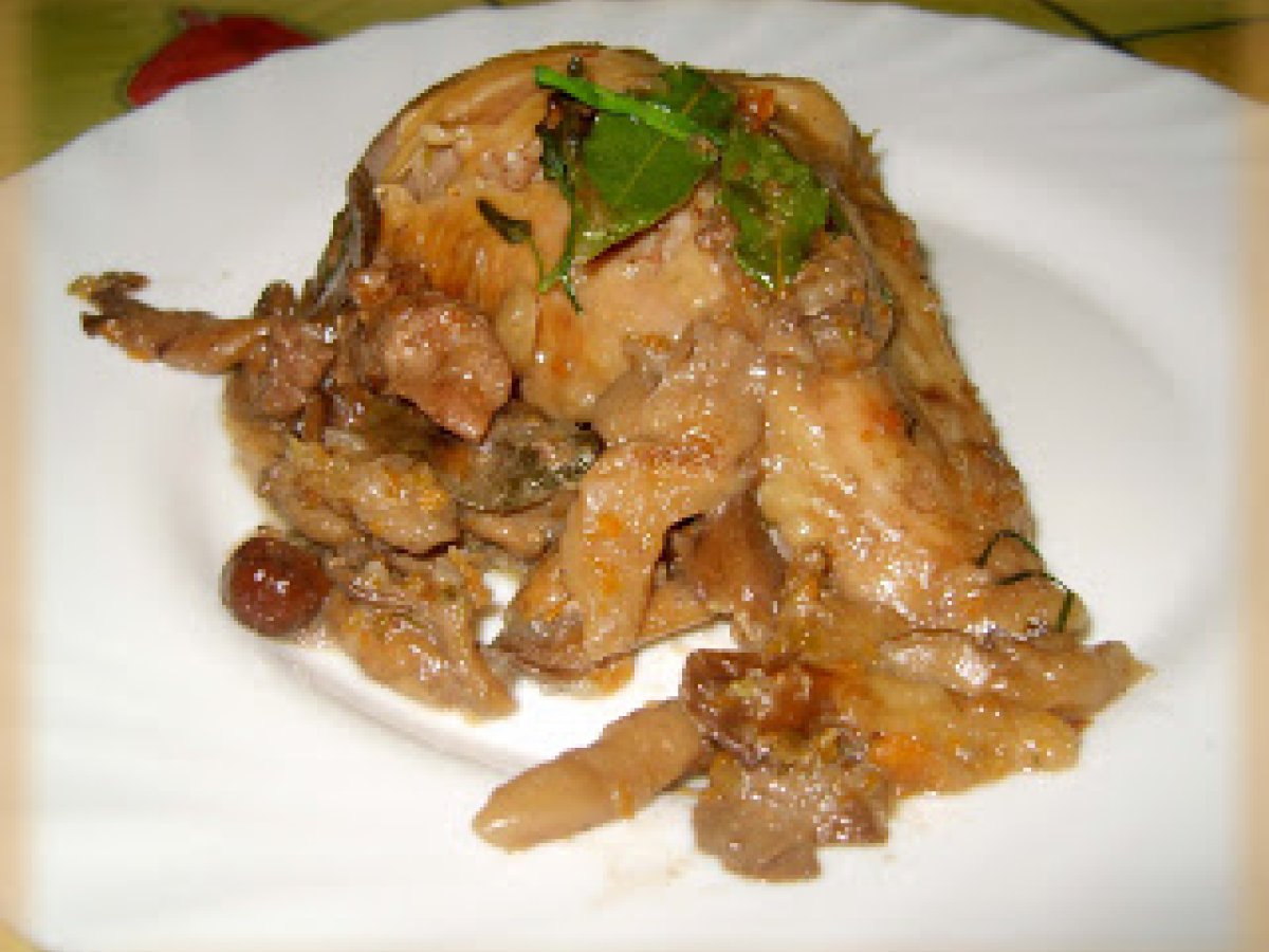 Tacchino ai funghi e vino rosso con erbe aromatiche