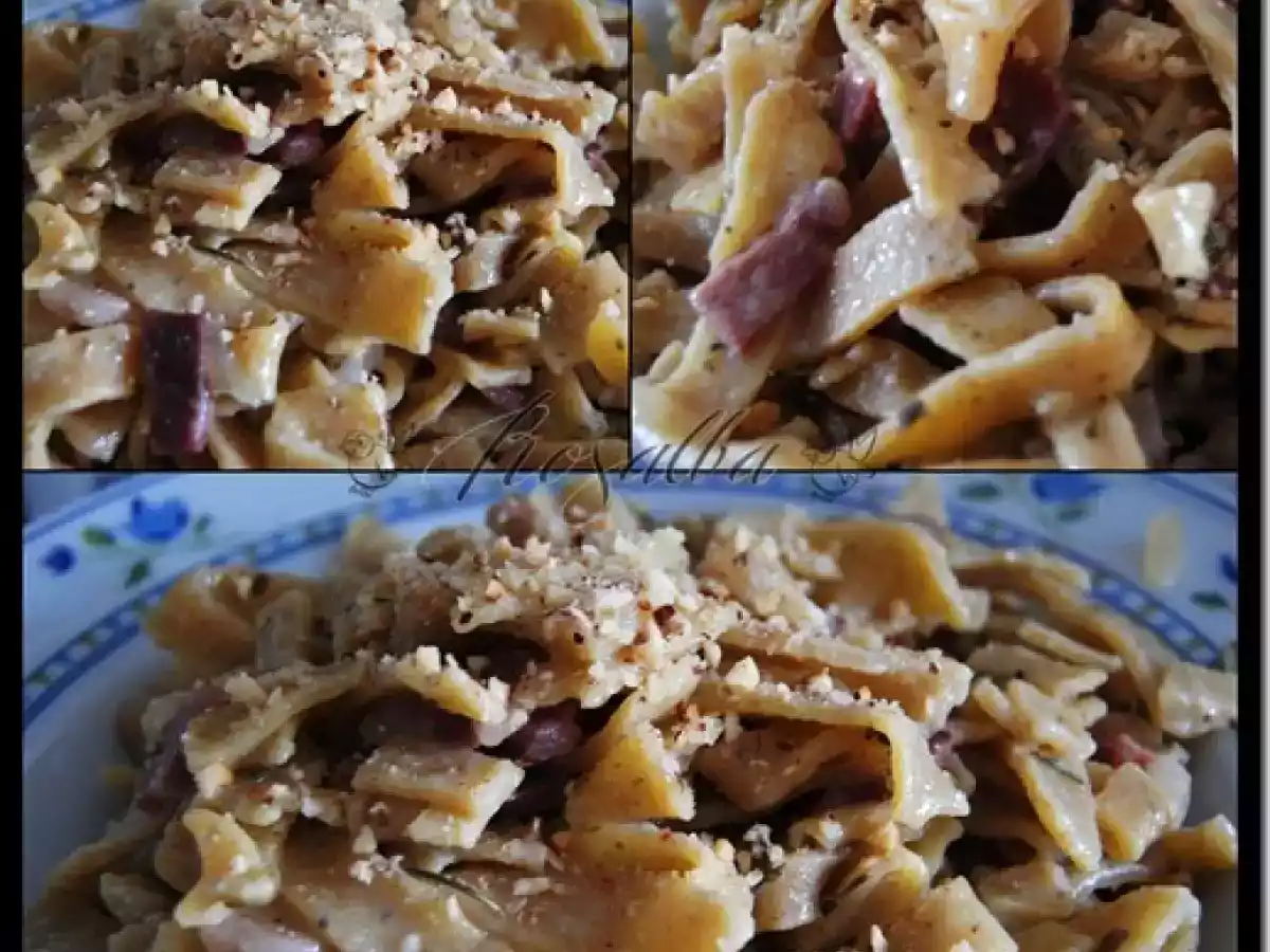 Tagliatelle fresche alle nocciole con pancetta e aromi