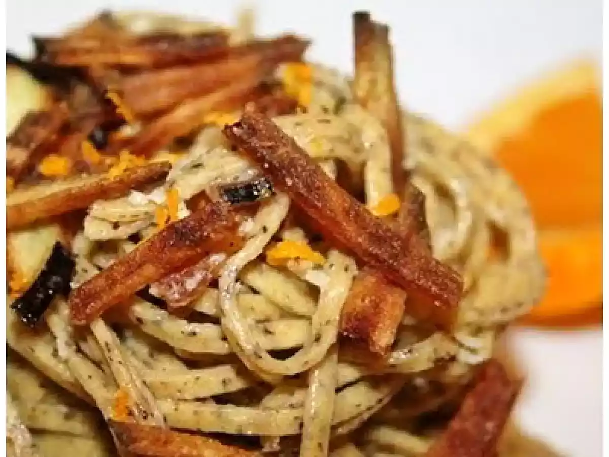 Taglioni rombo, melanzane e arance