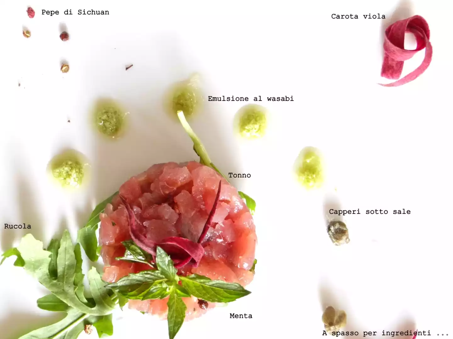 Tartare di tonno, menta e pepe di sichuan, con capperi ed emulsione al wasabi