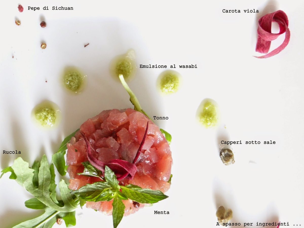 Tartare di tonno, menta e pepe di Sichuan, con capperi ed emulsione al wasabi