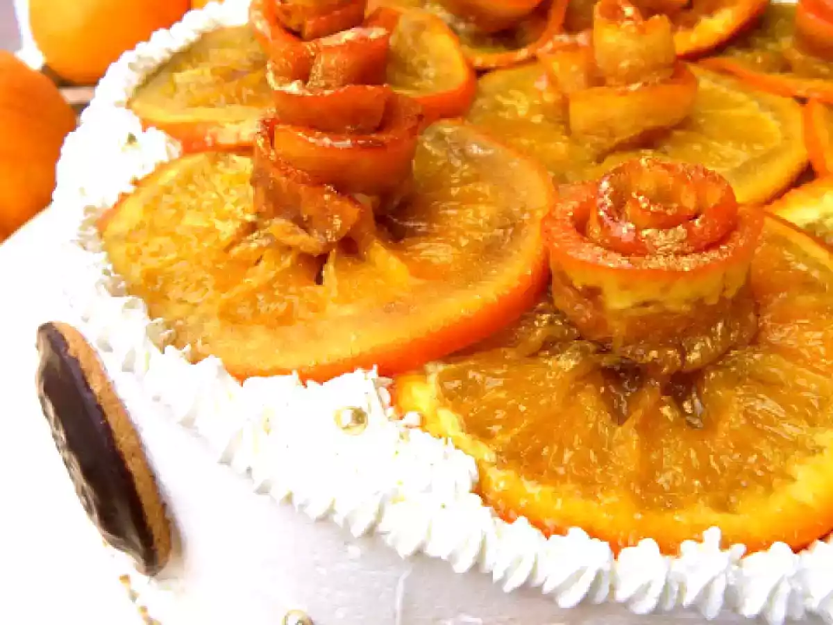 Torta al Baileys, crema all'arancia e rose di arance caramellate