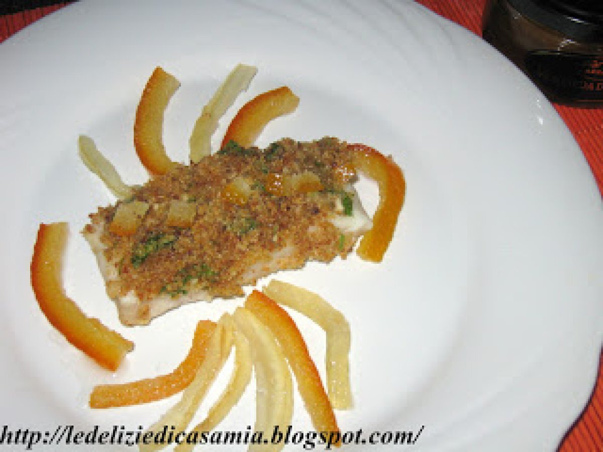 Trancio di merluzzo panato e aromatizzato con Mostarda di agrumi