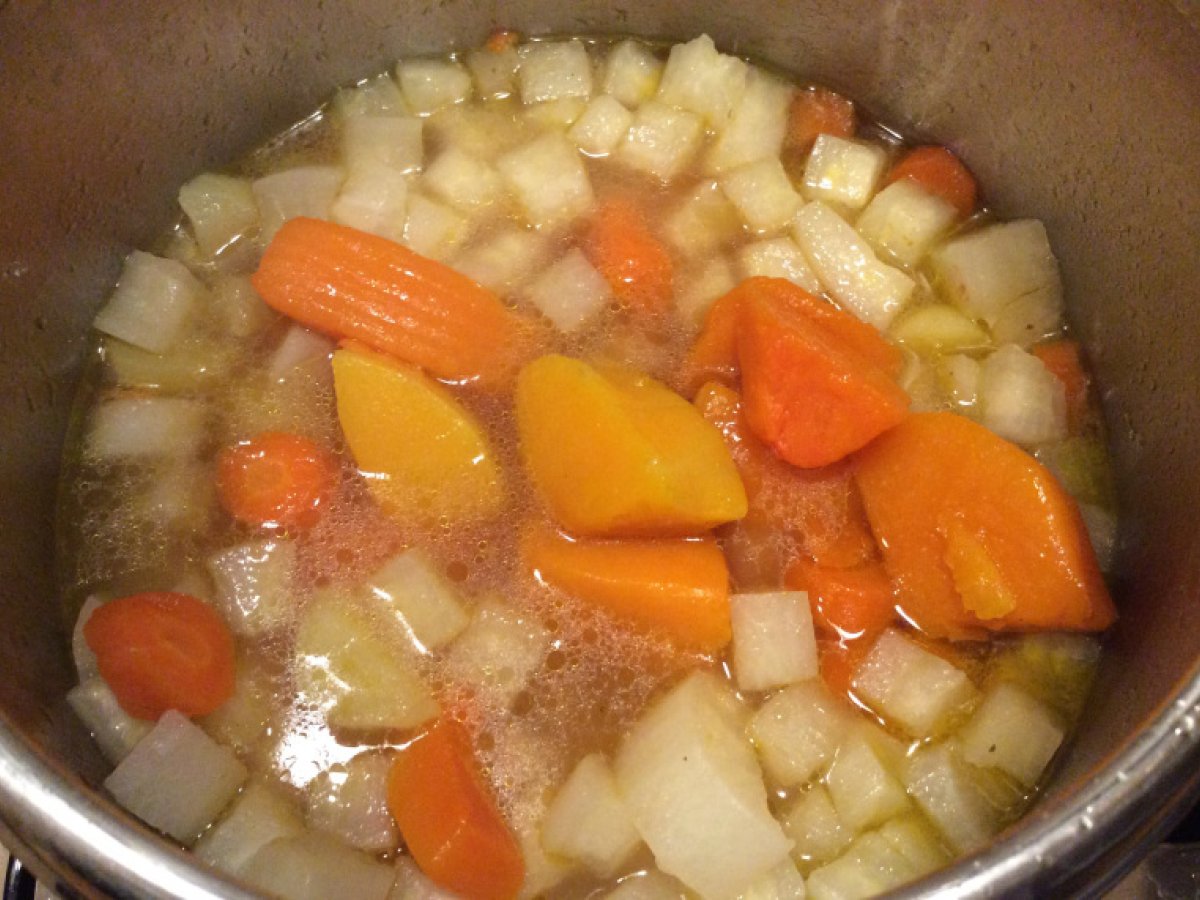 Vellutata di daikon, carote, patate e zucca con crostini croccanti e scaglie di grana - foto 4