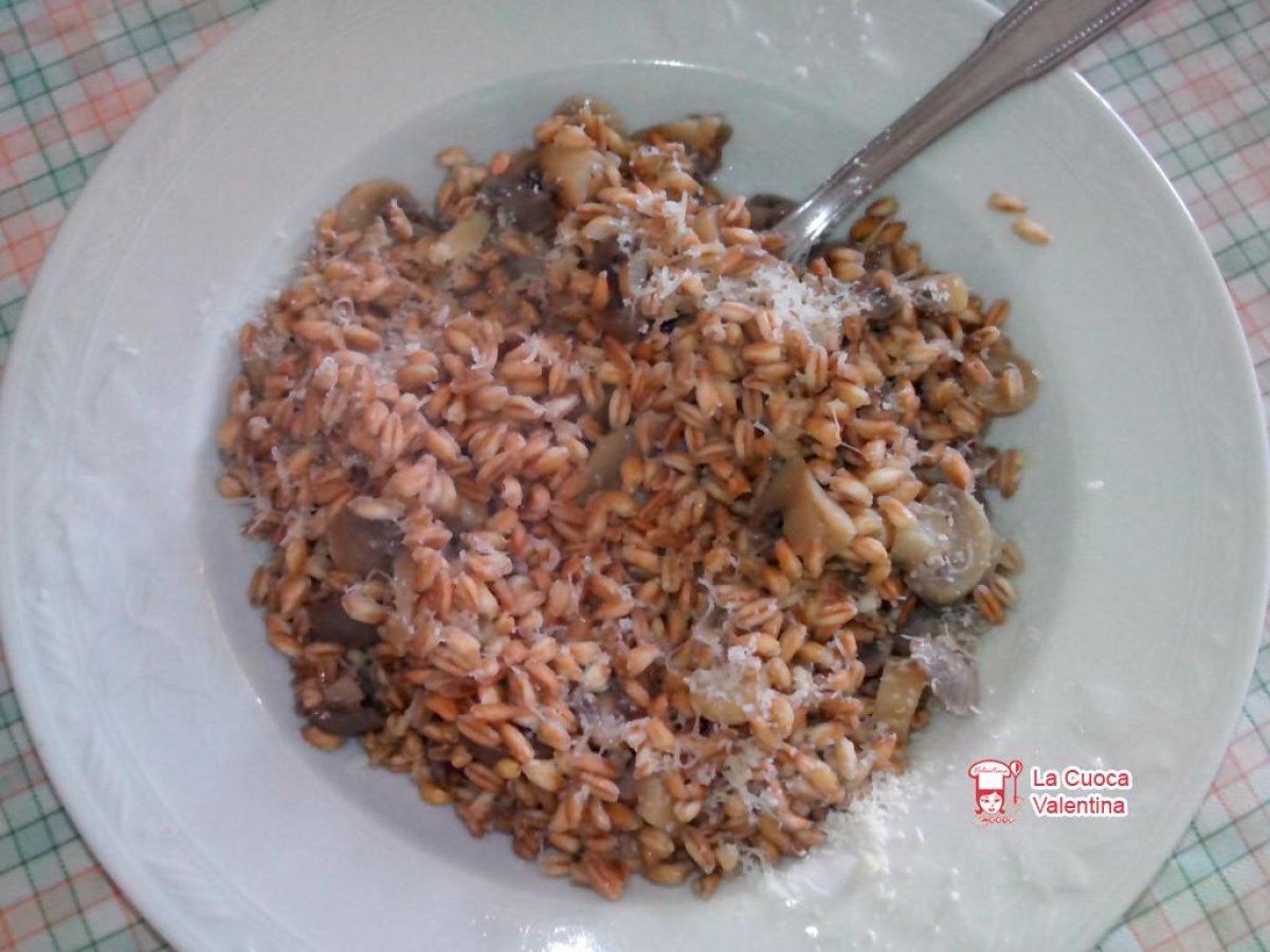 Zuppa di farro con funghi champignon