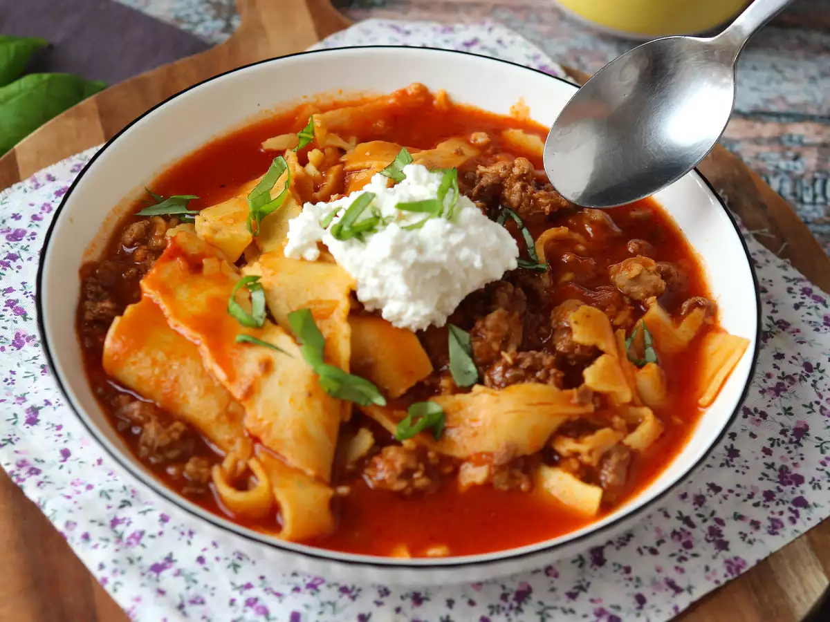 Zuppa di lasagne con carne, ricotta e parmigiano - foto 4